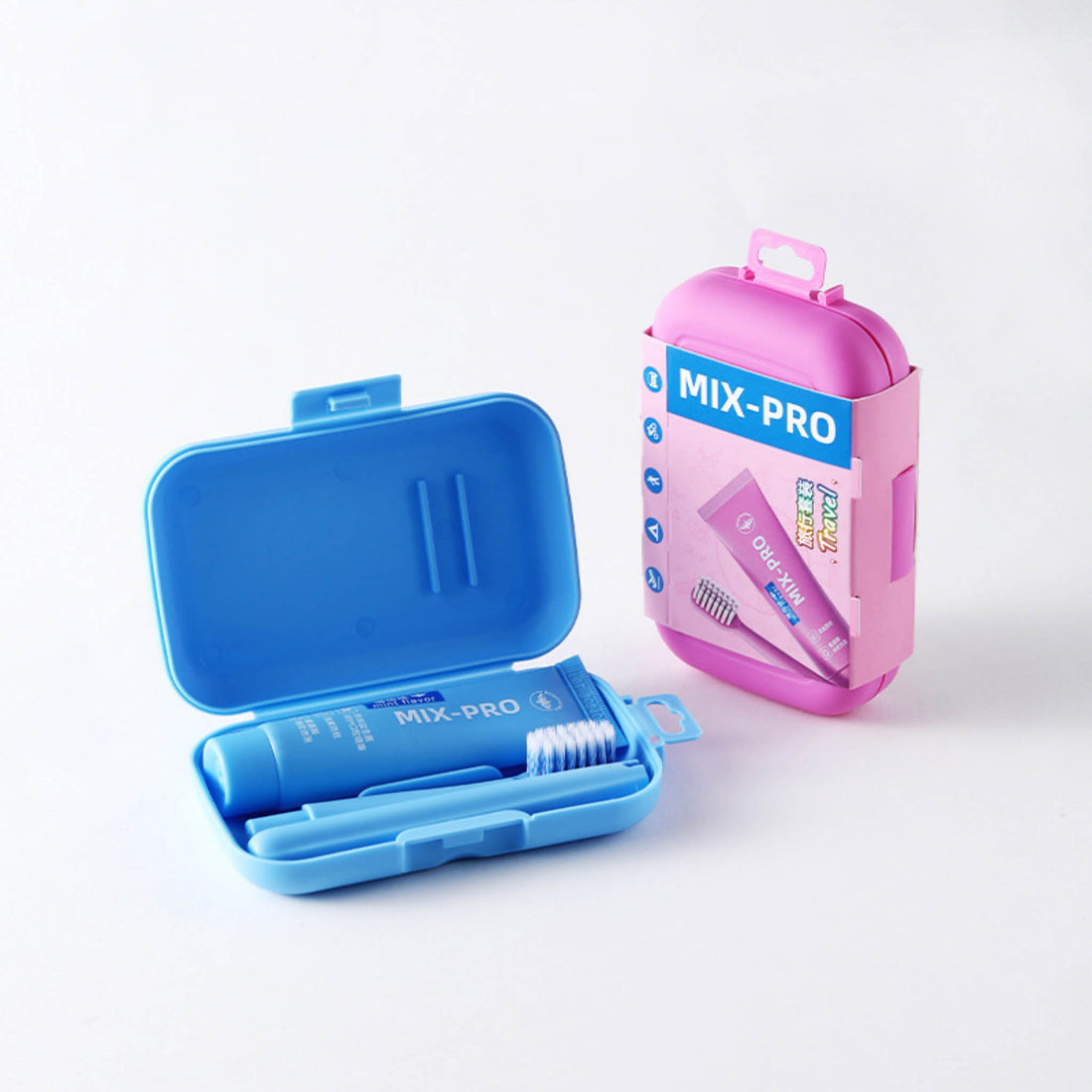 Travel set with blue case open, blue tube and toothbrush, plus pink travel case