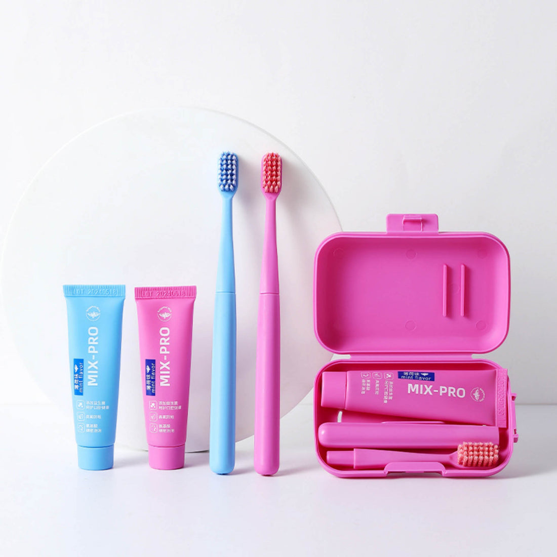 Travel toothbrush and toothpaste set with pink case, blue & pink tubes, two toothbrushes