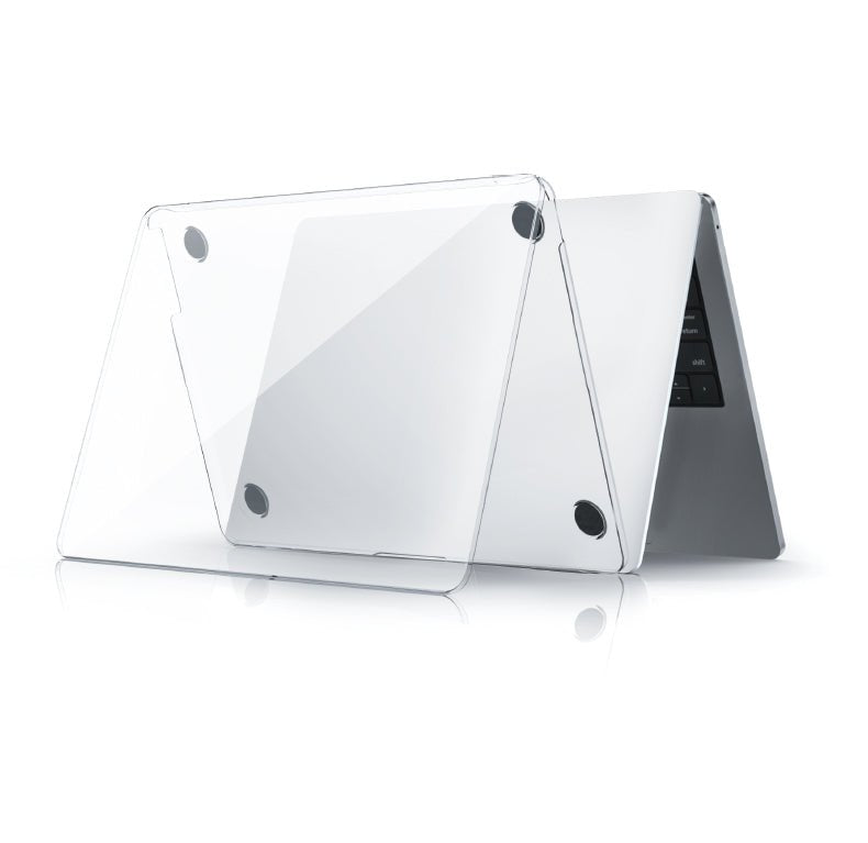 Transparent MacBook cover with camera cutouts and smooth clear surface