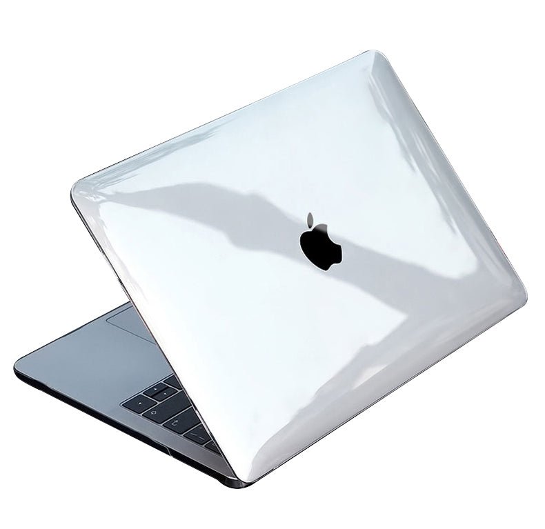 Transparent MacBook cover showing Apple logo through the clear film