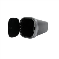 Black trash container with side open lid, cylindrical body, stainless rim, WIWU