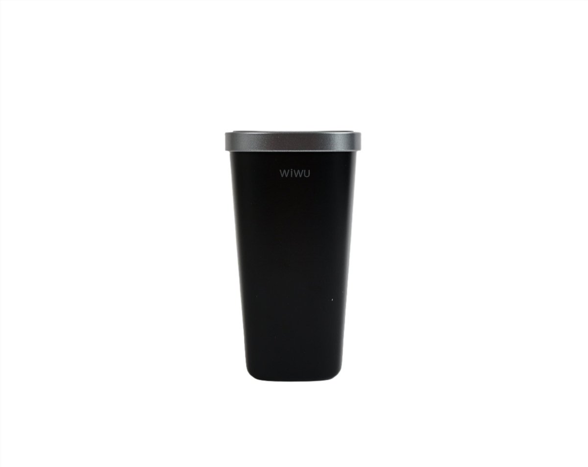 Black trash container with closed lid and narrow stainless top ring, WIWU