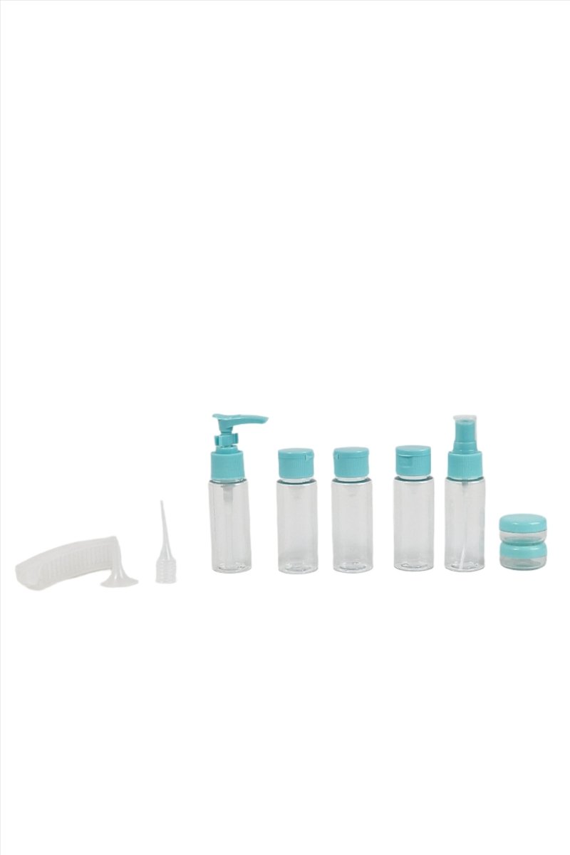 Set of 12 travel bottles with turquoise caps, pumps, and small refill containers