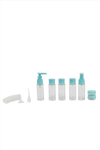 Set of 12 travel bottles with turquoise caps, pumps, and small refill containers