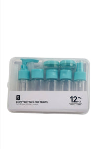 Travel bottles set with 12 empty travel bottles, turquoise caps, in clear case