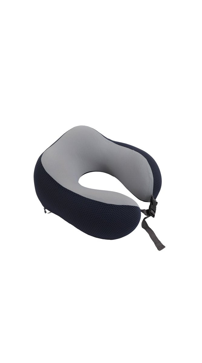 Travel neck pillow with dark navy cover and gray inner, two cords with clasp