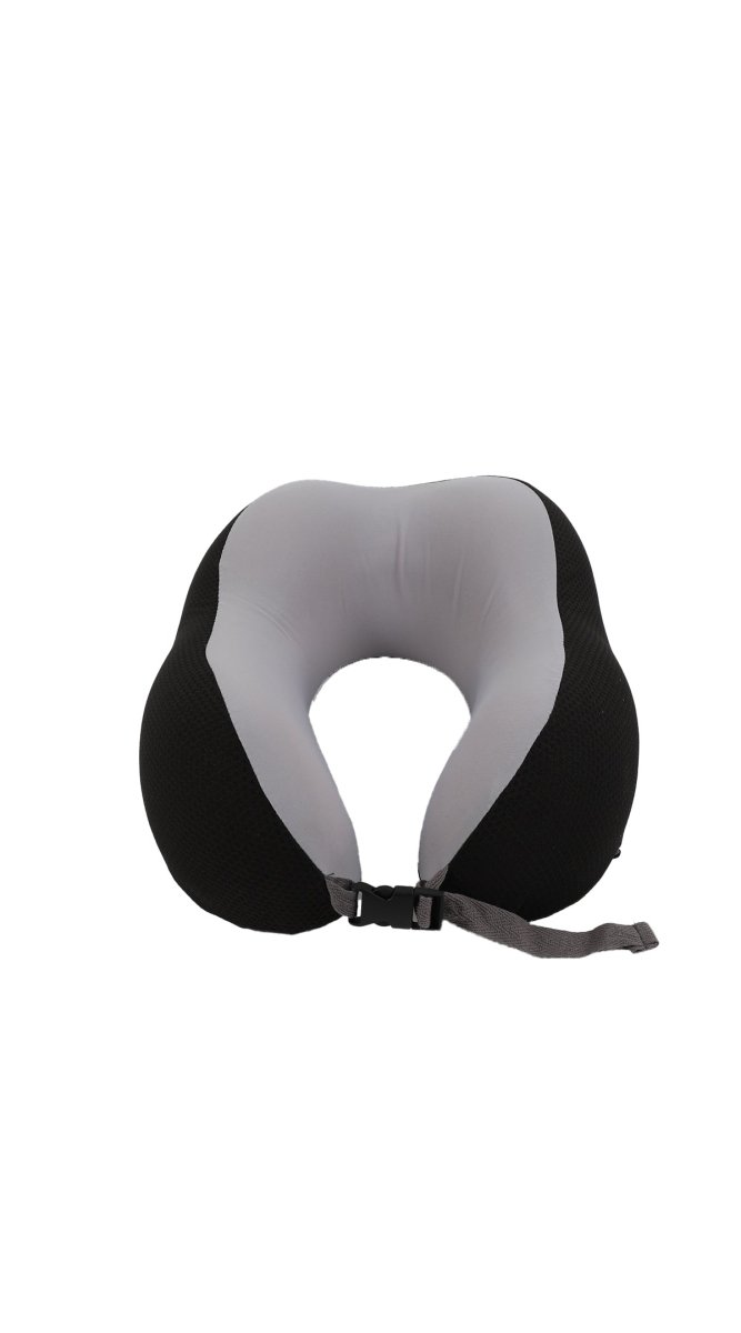Travel neck pillow with grey inner support and black outer shell, tie strap