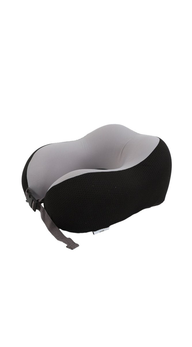 Travel neck pillow, black outer shell with grey inner panel and adjustable strap