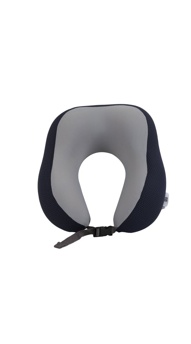 Neck support pillow, dark navy fabric with gray center and adjustable tie cords