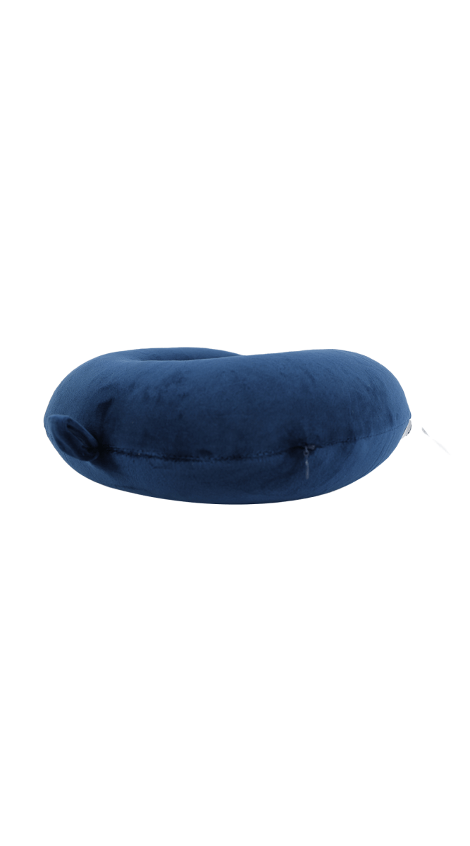Dark blue travel neck pillow, side view, soft plush fabric.