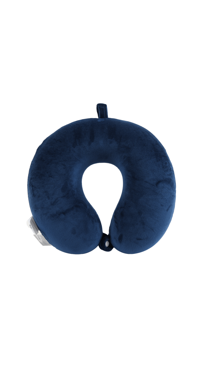 Dark blue travel neck pillow with U-shaped support and button clasp.