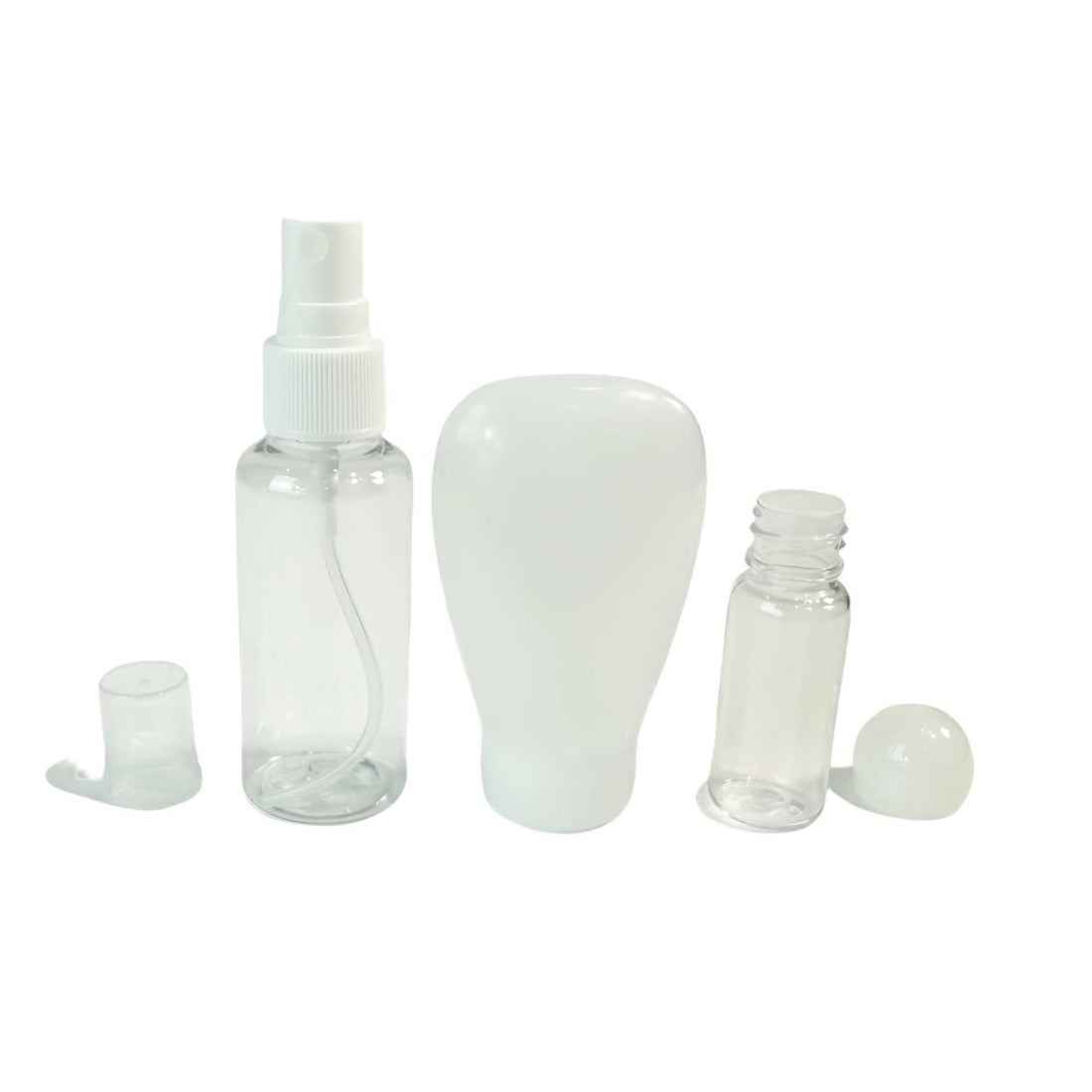 Travel-size bottle kit with clear spray bottle, large squeeze bottle, small bottles