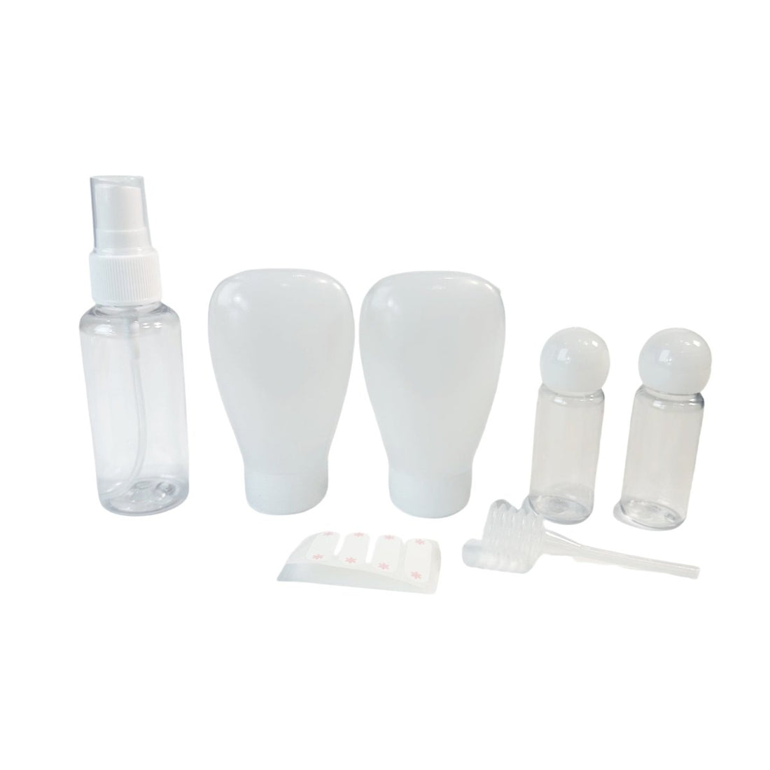 Travel-size bottle kit with spray bottle, two squeeze bulbs, small bottles, accessories