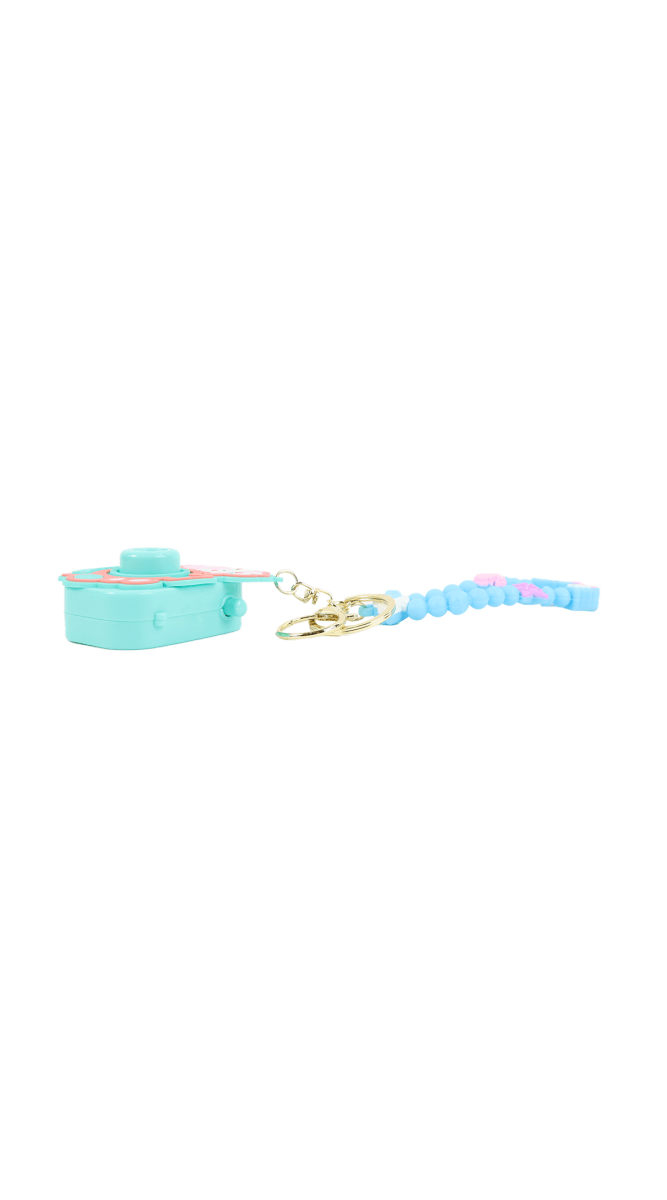 Light blue beaded keychain with cartoon camera charm and teal clasp