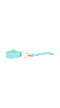 Light blue beaded keychain with cartoon camera charm and teal clasp