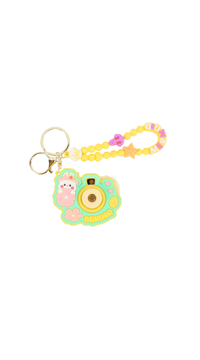 Yellow beaded keychain with cartoon camera charm and gold key rings