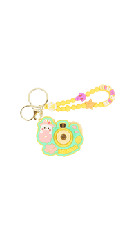 Yellow beaded keychain with cartoon camera charm and gold key rings