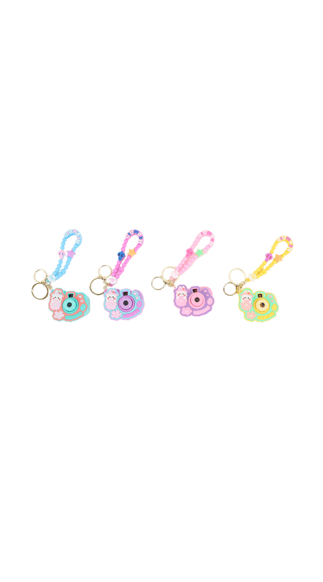 Set of four cartoon camera keychains with pastel beaded straps