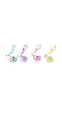 Set of four cartoon camera keychains with pastel beaded straps