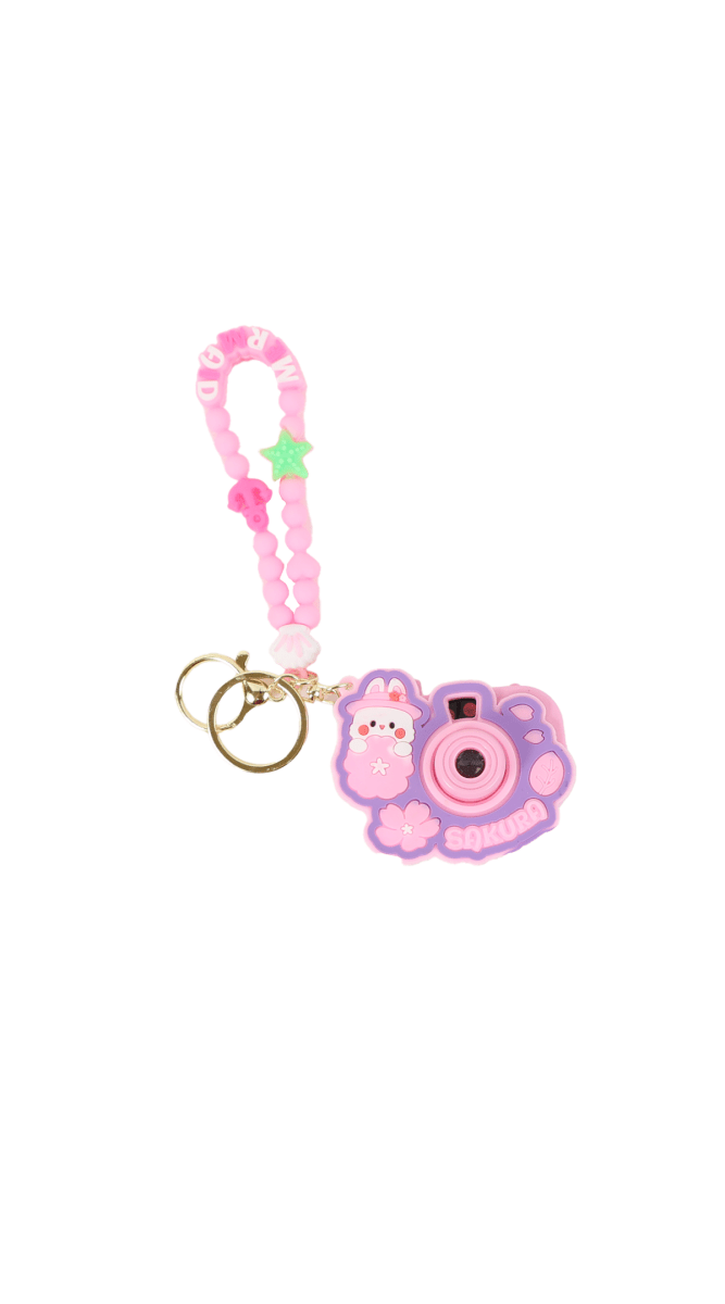 Pink beaded keychain with cartoon camera charm and gold key rings