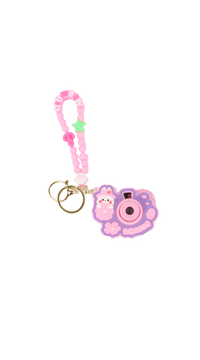 Pink beaded keychain with cartoon camera charm and gold key rings