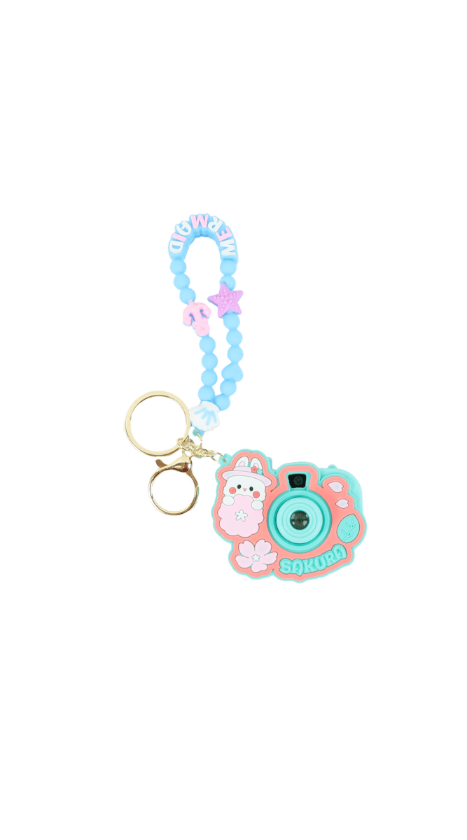 Light blue beaded keychain with cartoon camera charm and star accents