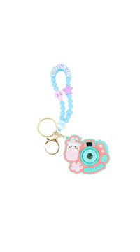 Light blue beaded keychain with cartoon camera charm and star accents