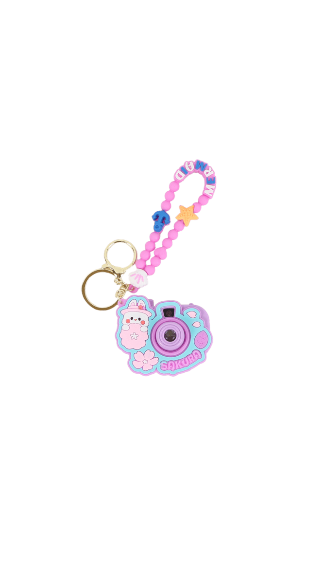 Pink beaded keychain with cartoon camera charm and star details