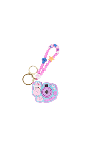 Pink beaded keychain with cartoon camera charm and star details