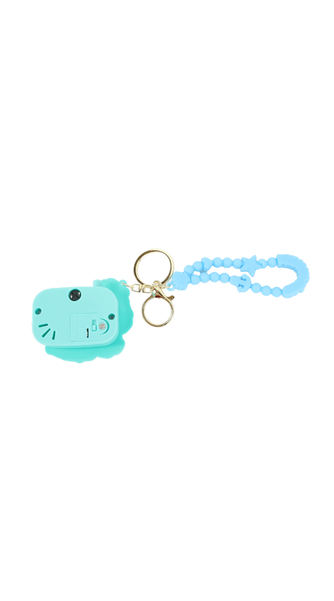 Teal cartoon camera keychain with light blue beaded strap and two rings