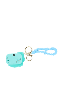 Teal cartoon camera keychain with light blue beaded strap and two rings