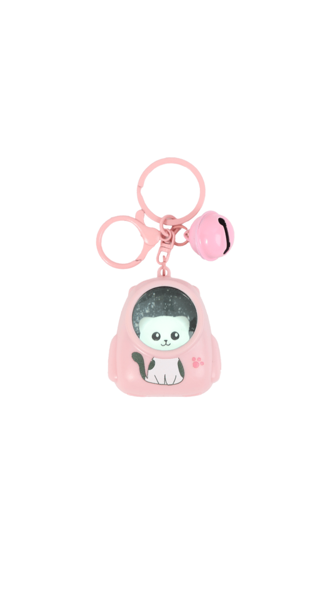 Pink cat-themed keychain with planet charm and two rings