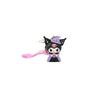 Cartoon character keychain with black cat character wearing lavender hat, pink strap