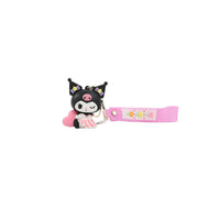 Cartoon character keychain with black-and-lilac cat character and pink strap with flower print