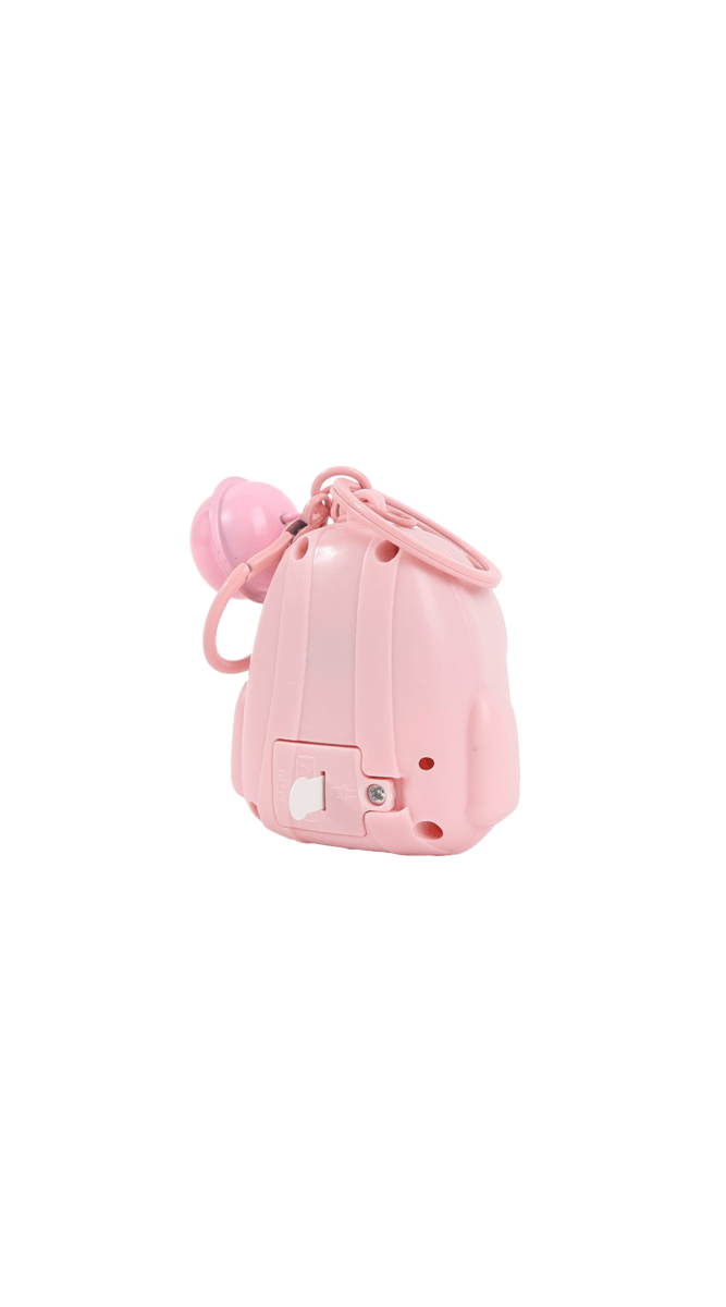 Pink cat-themed keychain with planet charm and metal clasp, side view