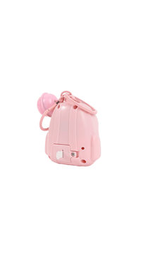 Pink cat-themed keychain with planet charm and metal clasp, side view