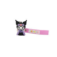 Cartoon character keychain with black cat figure and pink floral strap, gold ring clip
