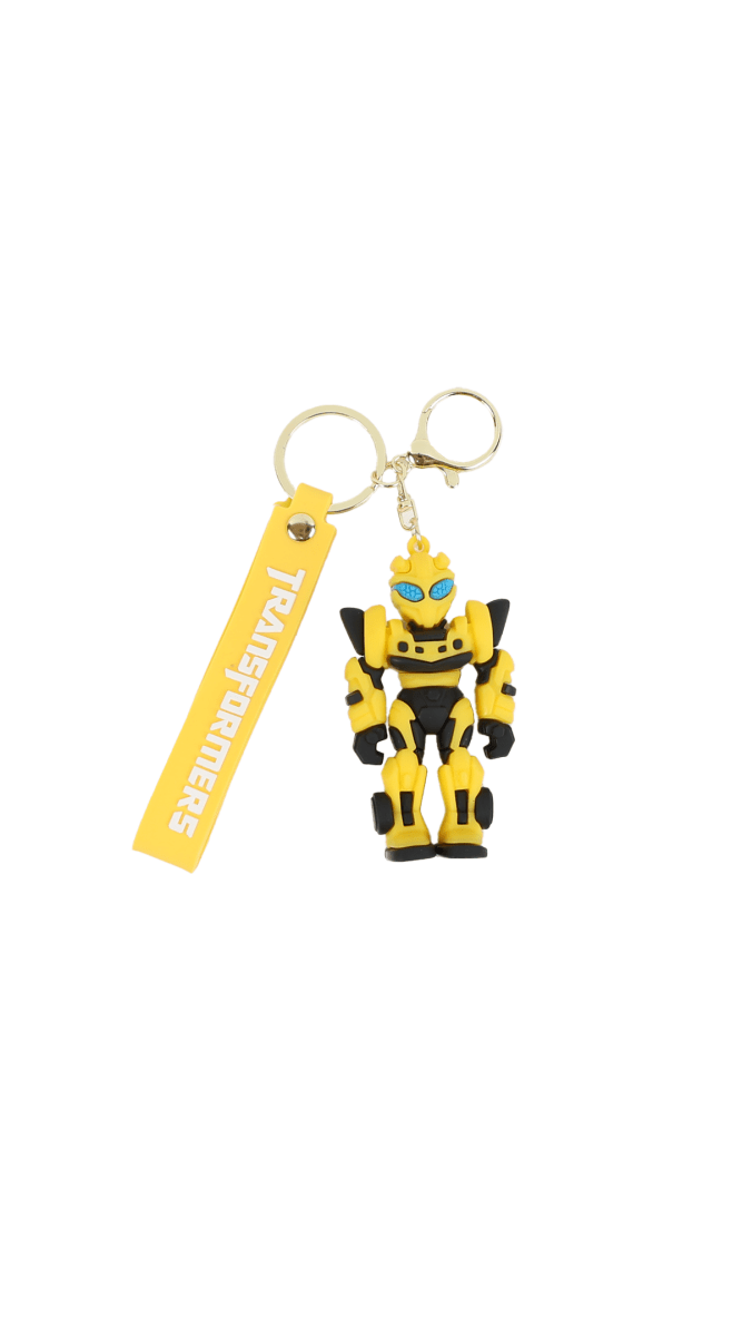 Robot keychain with yellow figure and yellow 'TRANSFORMERS' tag