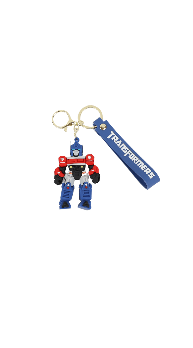 Robot keychain with blue and red figure and blue 'TRANSFORMERS' tag