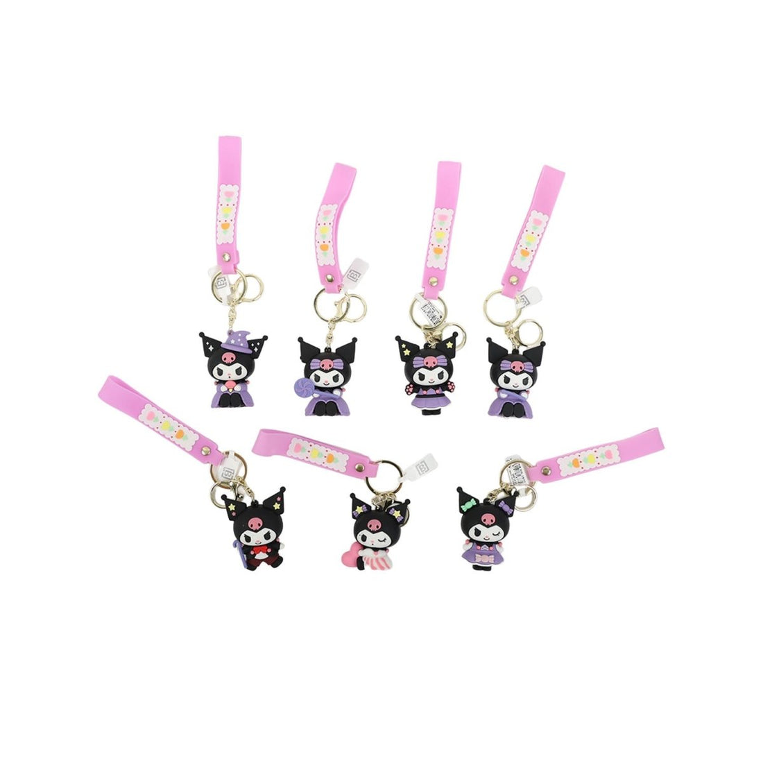 Set of cartoon character keychains with black figures and pink floral straps, gold rings