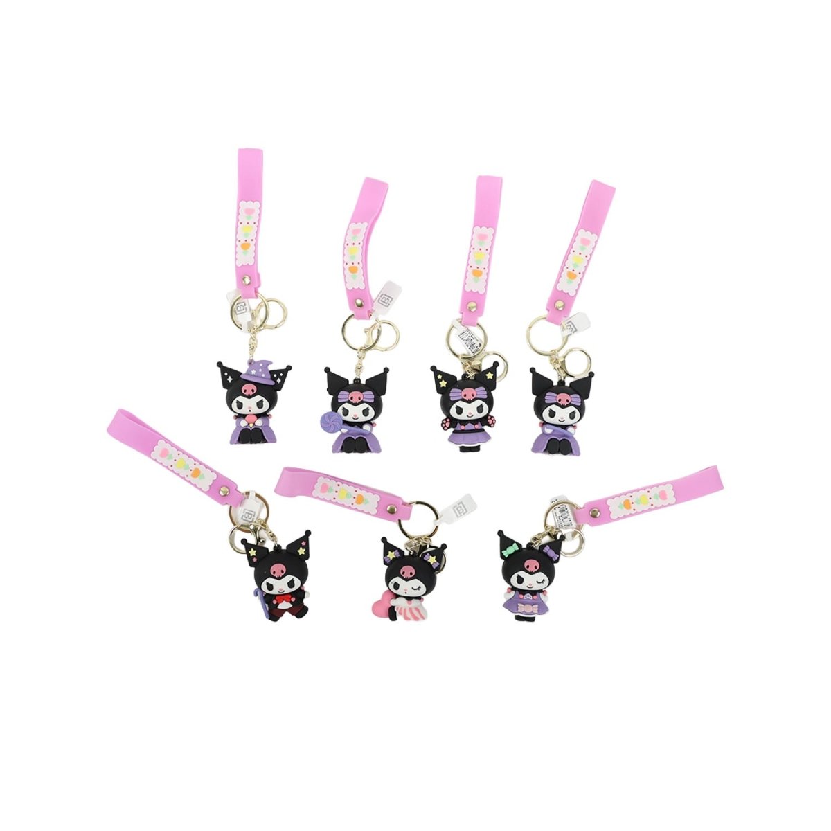 Set of cartoon character keychains with black figures and pink floral straps, gold rings