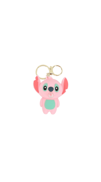 Kids pink Stitch plush keychain with gold double key rings and stitched face