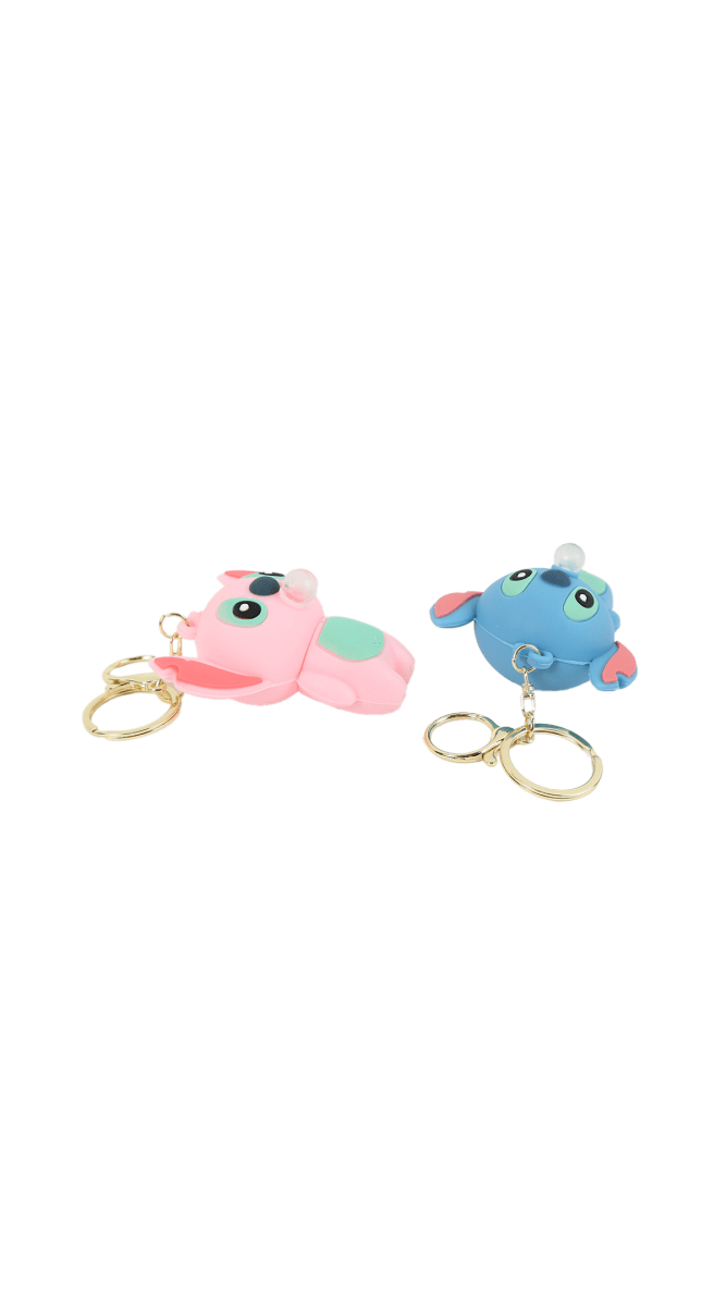 Kids pink and blue Stitch plush keychains with gold key rings