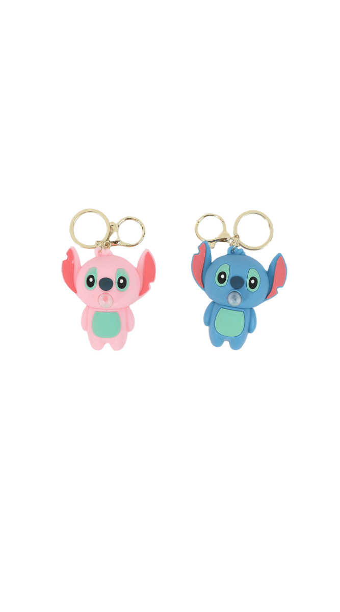Kids Stitch plush keychains, pink and blue, with gold key ring hardware