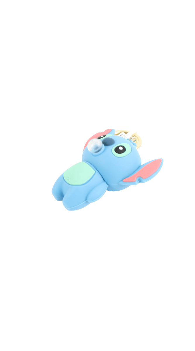 Kids blue Stitch plush keychain lying on its side with gold key ring loops