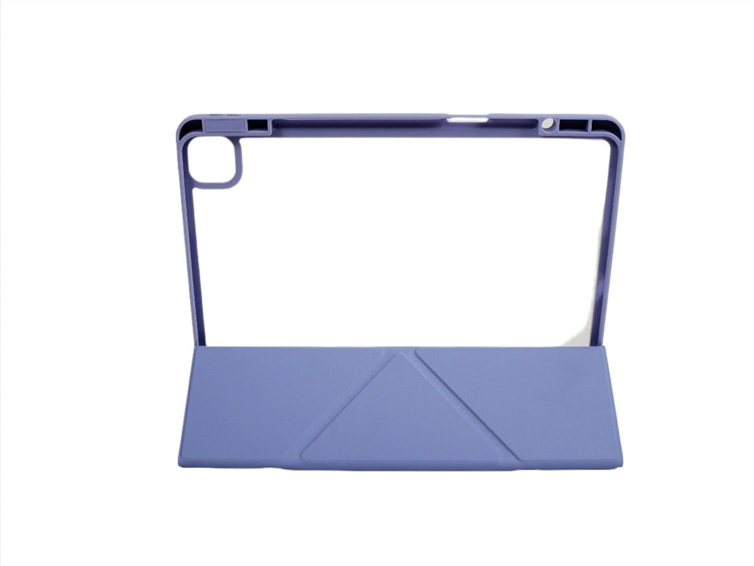 Lavender tri-fold iPad case with front cover open and camera cutout