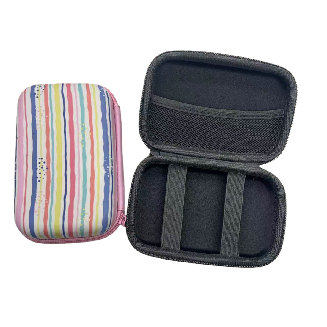 Hard case organizer with colorful striped print, open with padded compartments and mesh pocket.