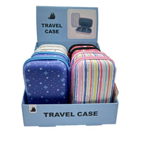 Multi-purpose printed hard travel case, open view with blue star and multicolor striped pouches