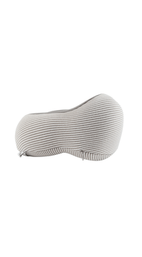 Travel neck pillow shaped for neck support, striped fabric on light gray back