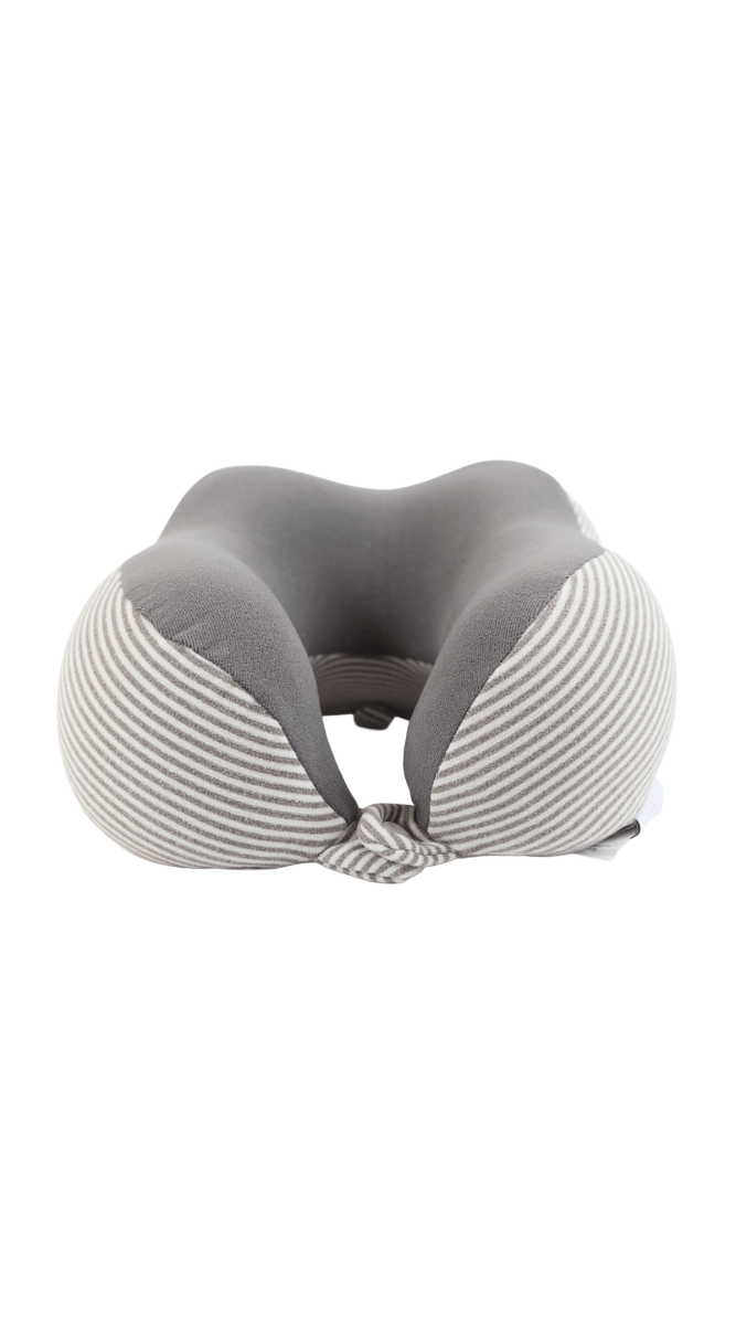 Striped travel neck pillow with dark gray outer panels and white center seam